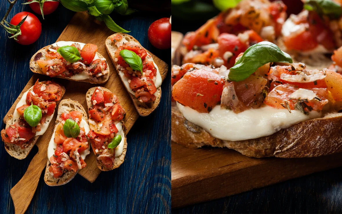 Bruschetta de mussarela de búfala com tomates.
