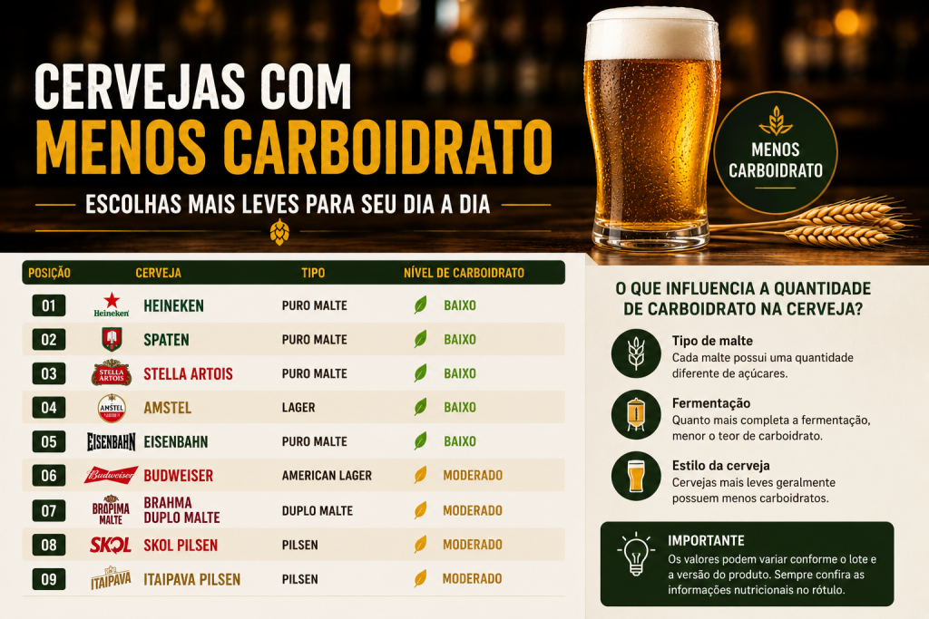 Infográfico mostrando cervejas com menos carboidrato e comparativo entre marcas populares em 2026