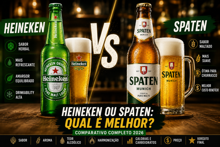 Comparativo entre Heineken e Spaten mostrando as duas cervejas lado a lado com análise de sabor, aroma, custo-benefício e características principais