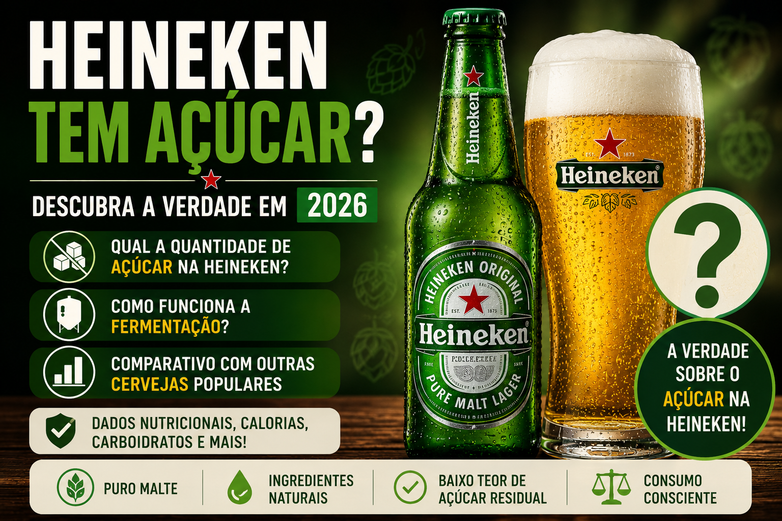 Garrafa e copo de Heineken ilustrando a matéria sobre a quantidade de açúcar presente na cerveja Heineken em 2026