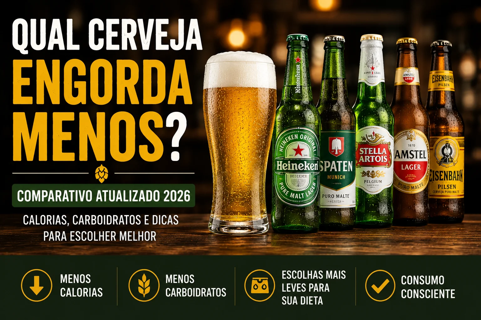Comparativo das cervejas que costumam engordar menos em 2026