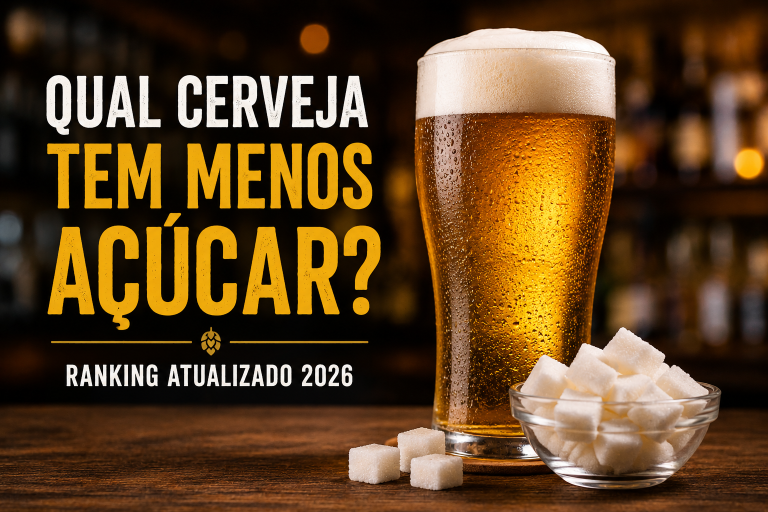 Copo de cerveja ao lado de cubos de açúcar ilustrando o comparativo das cervejas com menor teor de açúcar em 2026