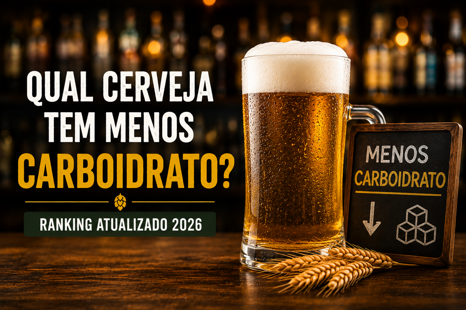Copo de cerveja ao lado de espigas de cevada ilustrando o comparativo das cervejas com menos carboidrato em 2026