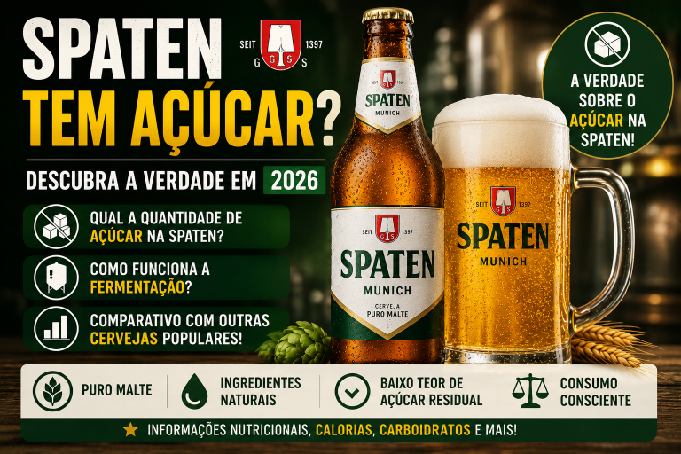 Garrafa e caneca de cerveja Spaten ilustrando matéria sobre açúcar residual, fermentação e composição nutricional da cerveja