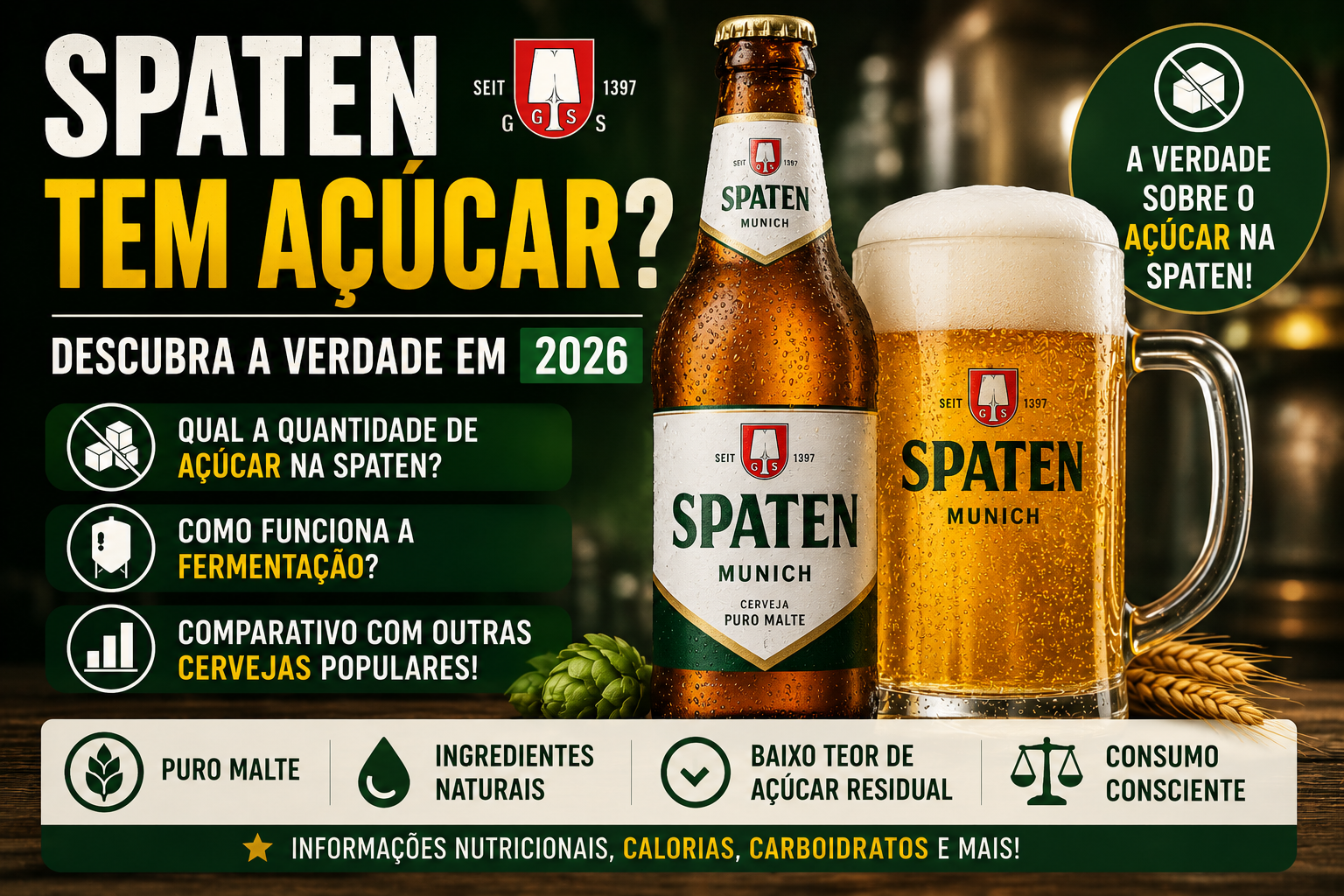 Garrafa e caneca de cerveja Spaten ilustrando matéria sobre açúcar residual, fermentação e composição nutricional da cerveja
