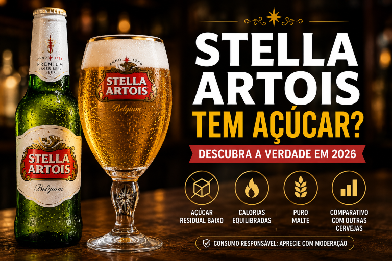 Garrafa e taça de Stella Artois gelada ilustrando análise sobre açúcar residual, calorias e carboidratos da cerveja