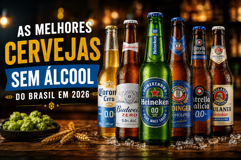 Ranking das melhores cervejas sem álcool vendidas no Brasil em 2026 com garrafas e latas de marcas populares em um ambiente de degustação.