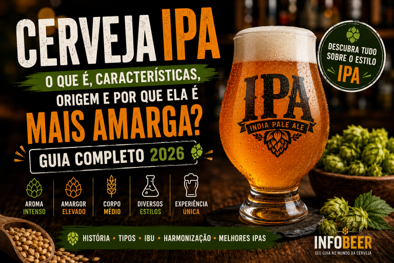 Copo de cerveja IPA dourada com espuma cremosa e flores de lúpulo ao fundo, ilustrando o guia completo sobre o estilo India Pale Ale.
