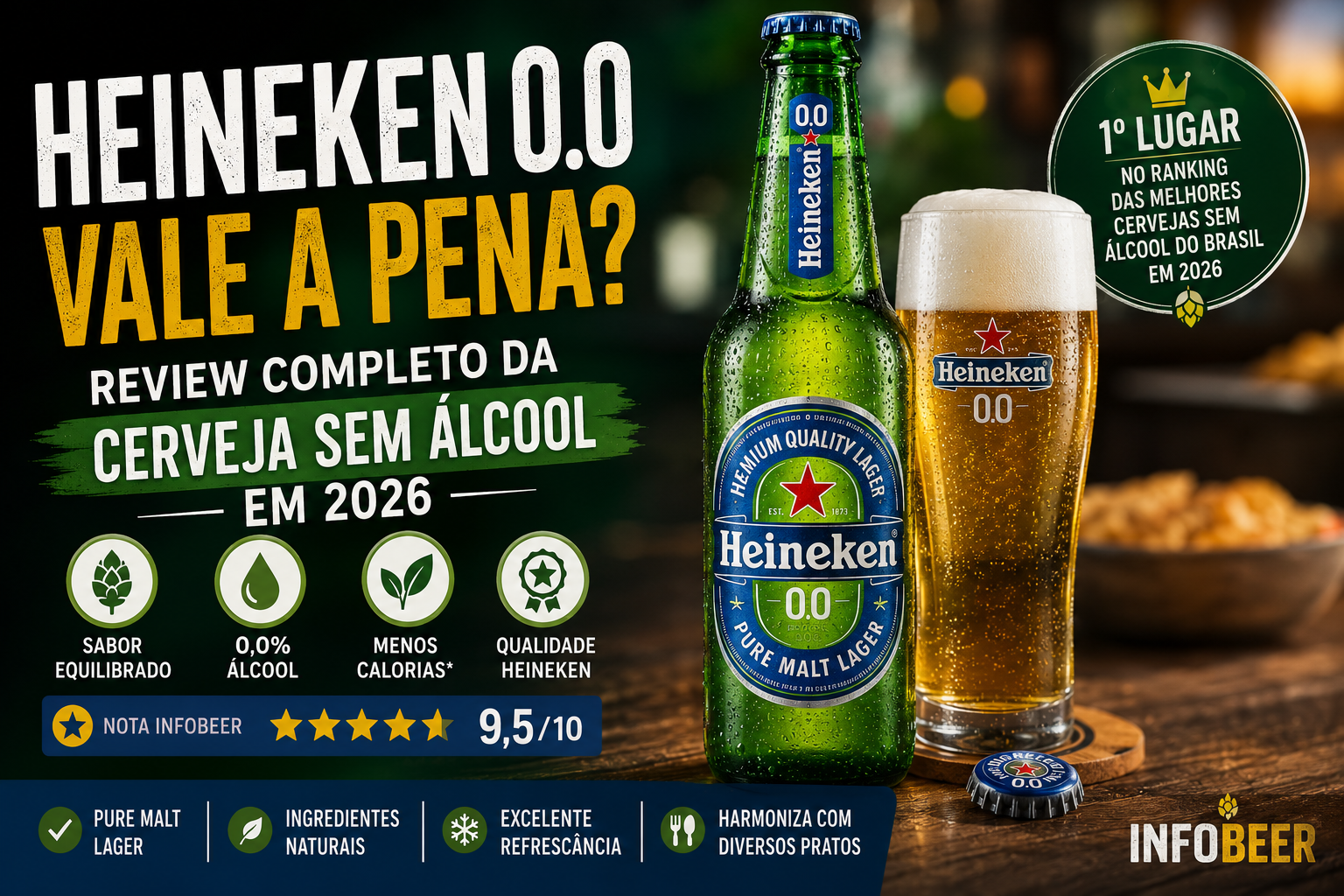 Garrafa e copo de Heineken 0.0 em destaque ilustrando o review completo da cerveja sem álcool, com análise de sabor, aroma, qualidade e custo-benefício em 2026.